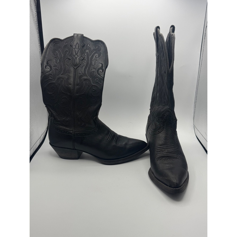 Justin Cowboy Boots Women 6.5 B Black Fair Leather Western Scroll CR0910